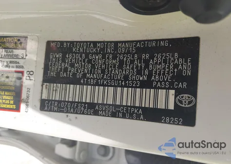 2016 Toyota Camry Se z USA, uszkodzony, nr VIN 4T1BF1FK5GU141523